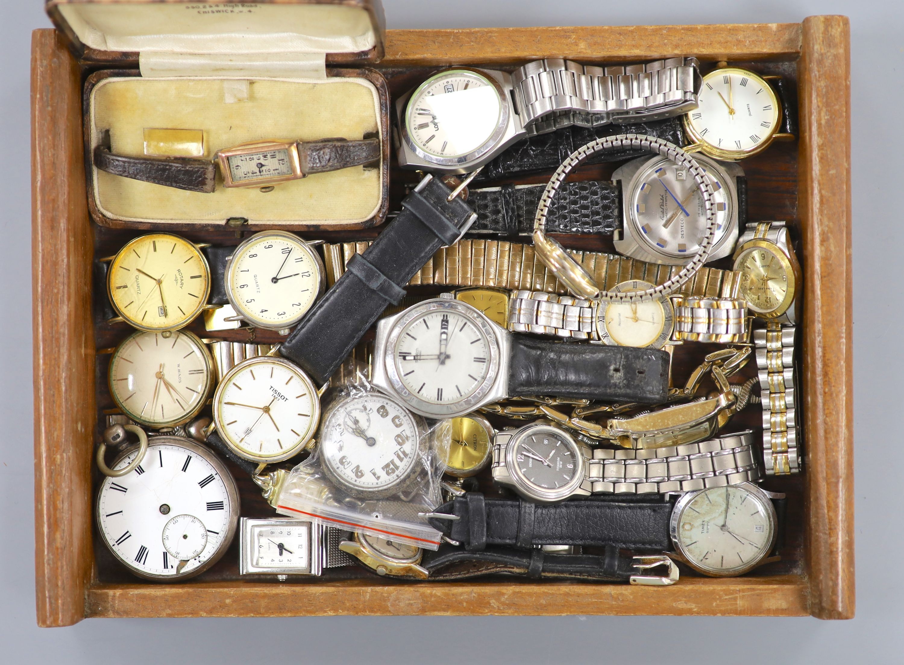 A lady's 9ct gold cased manual wind wrist watch and a quantity of assorted wrist and pocket watches.